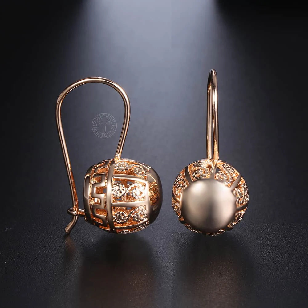 Boucles Oreilles Pendantes Or Rose 585 Zircon - Dangle Ball Cut Out Femme Fille Mariage Soirée Bijoux Cadeaux