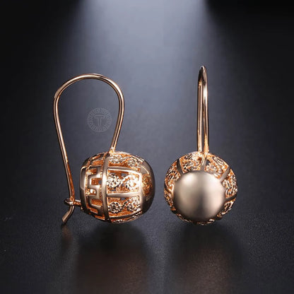 Boucles Oreilles Pendantes Or Rose 585 Zircon - Dangle Ball Cut Out Femme Fille Mariage Soirée Bijoux Cadeaux