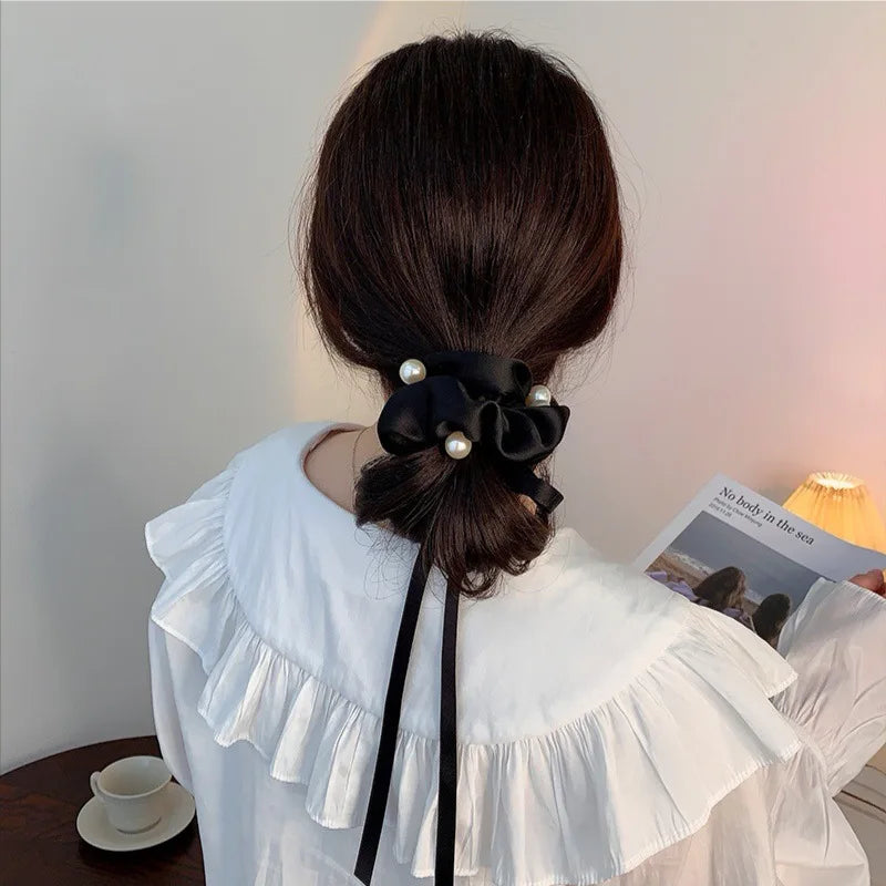 Chouchou Soie Coréen Perles Nœud - Élastique Cheveux Satin Noir Blanc Accessoire Femme Fille