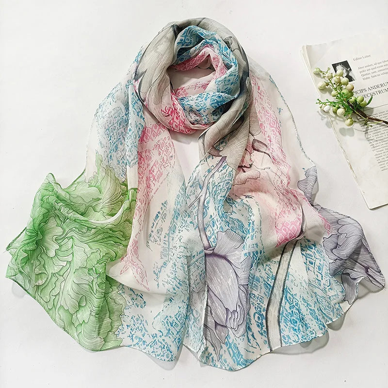 Foulard Écharpe Georgette Dégradé Fleur Femme - Bandana Châle Hijab Été Protection Solaire