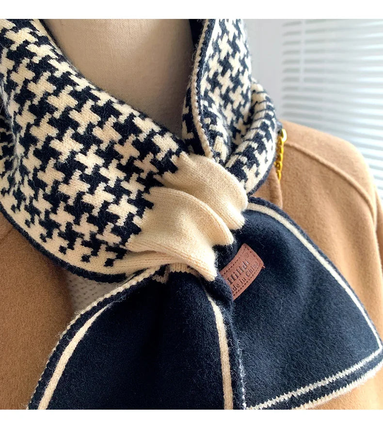 Foulard Écharpe Pied-de-Poule Luxe Femme - Tricot Long Mince Hiver Cou