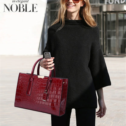 Sac Tote Femme Cuir Verni Motif Crocodile - Luxe Designer Grande Capacité Marron