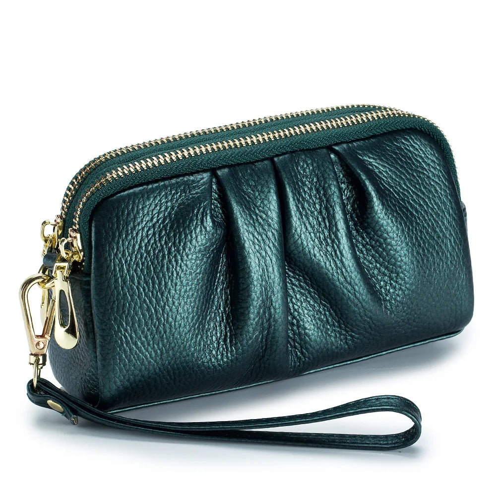 Portefeuille Femme Cuir Véritable Grande Capacité - Porte-Monnaie Long Zippé Multifonction avec Dragonne