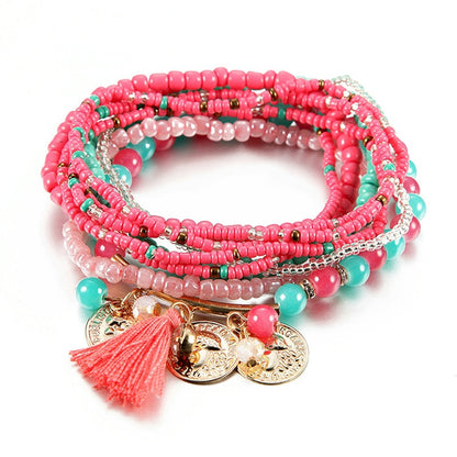Bracelet Bohème Multicouche Femme - Perles Verre Pampille Or - Bijoux Fantaisie