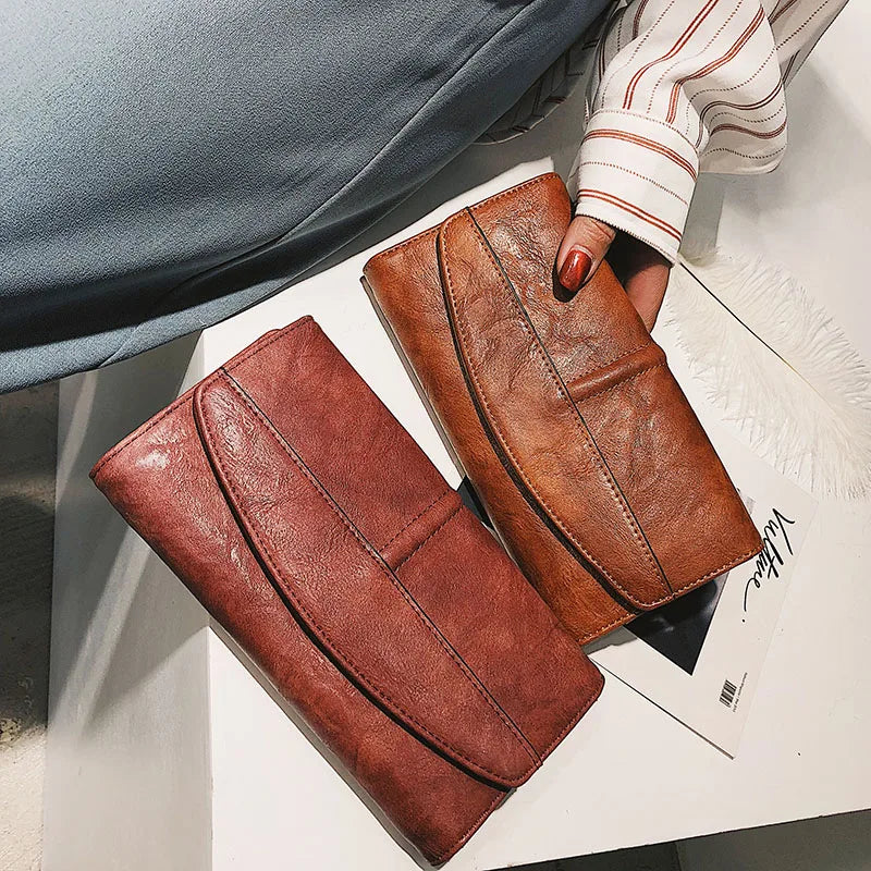 Portefeuille Femme Vintage Cuir PU Long Trifold - Pochette avec Fermoir et Compartiment Téléphone