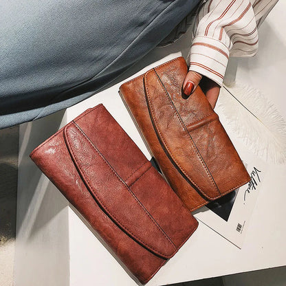 Portefeuille Femme Vintage Cuir PU Long Trifold - Pochette avec Fermoir et Compartiment Téléphone