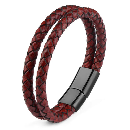 Bracelet Cuir Véritable Double Corde Tressée Homme – Fermoir Magnétique Acier