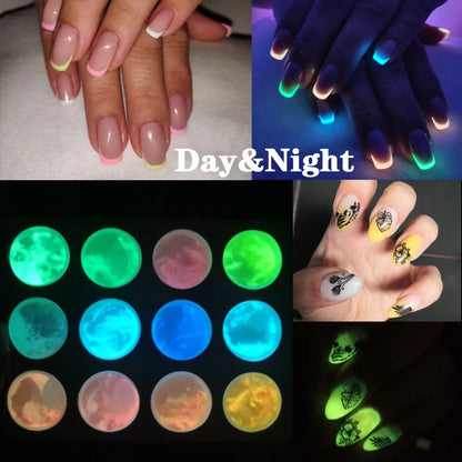 Set 12 Poudres Phosphorescentes Ongles Luminescentes - Paillettes Glow in Dark Nail Art Halloween Noël