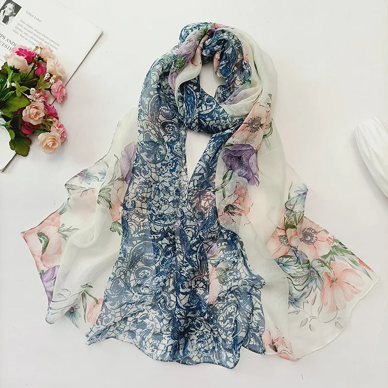 Foulard Écharpe Georgette Dégradé Fleur Femme - Bandana Châle Hijab Été Protection Solaire