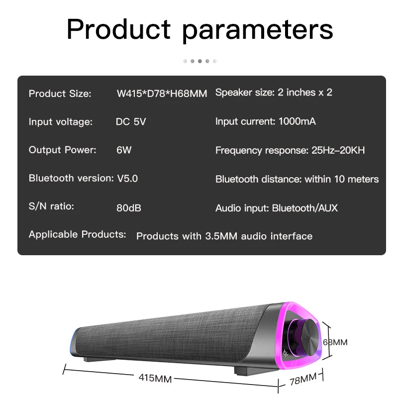 Barre de Son Bluetooth 5.0 3D Surround - Haut-Parleur PC TV Laptop Subwoofer AUX
