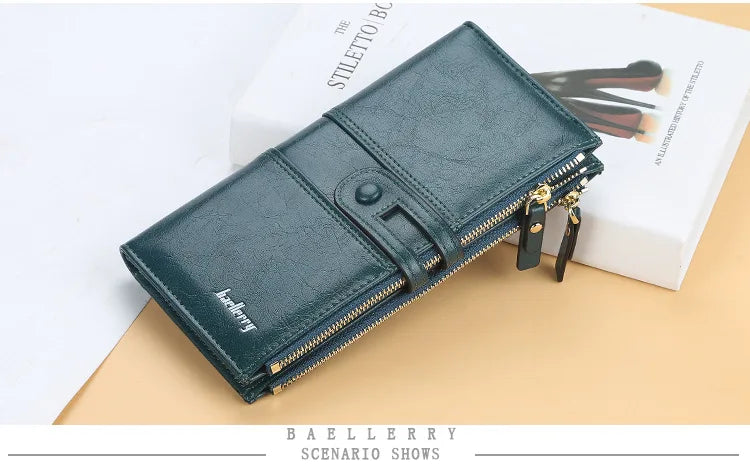 Portefeuille Femme Long Cuir Classique - Porte-Cartes avec Fermeture Éclair