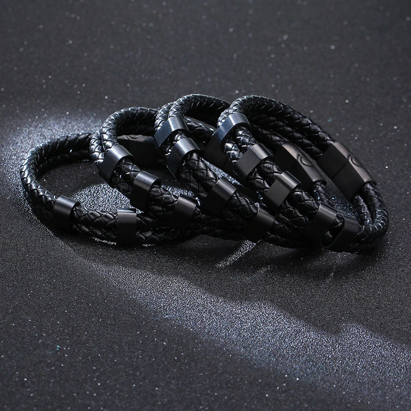Bracelet Cuir Tressé Noir Homme Personnalisé - Perles Gravure Prénom Famille - Bijou Inspirant