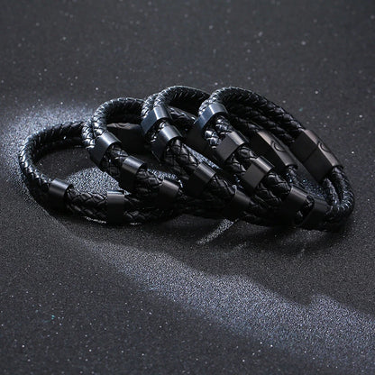 Bracelet Cuir Tressé Noir Homme Personnalisé - Perles Gravure Prénom Famille - Bijou Inspirant