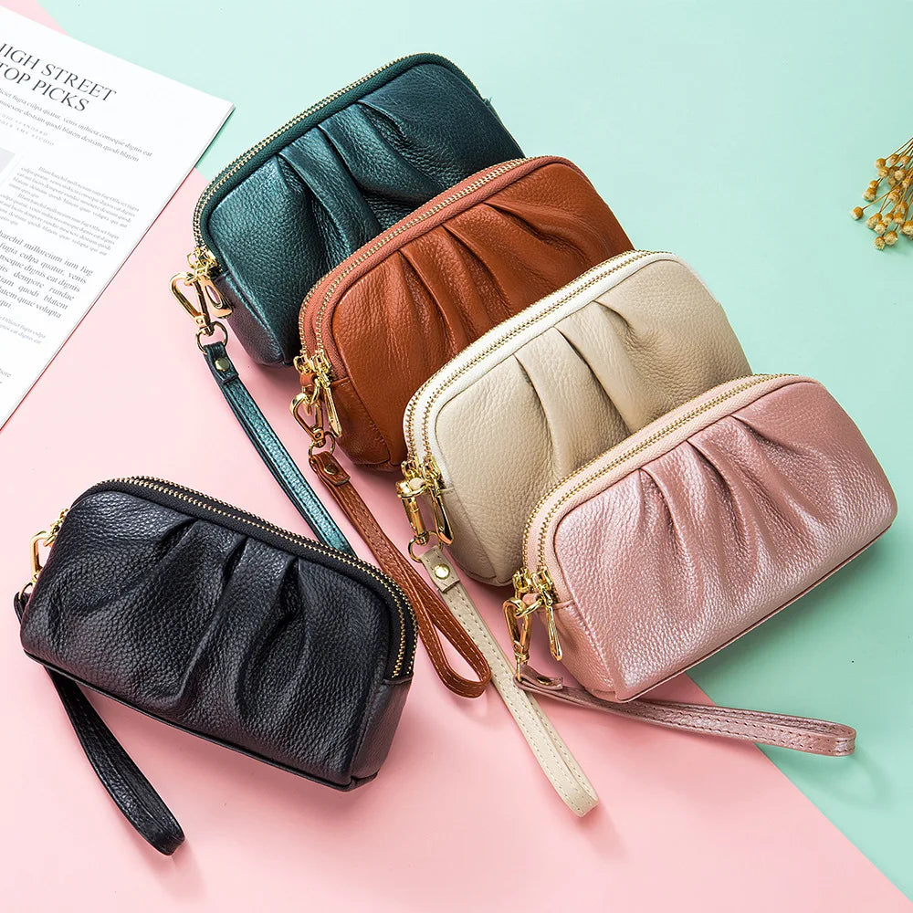 Portefeuille Femme Cuir Véritable Grande Capacité - Porte-Monnaie Long Zippé Multifonction avec Dragonne
