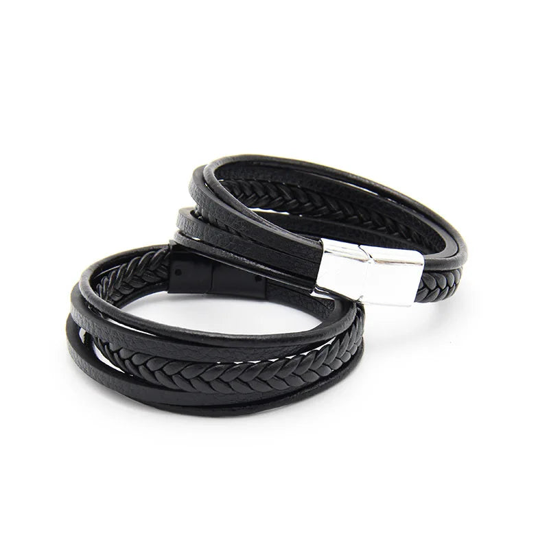 Bracelet Cuir Vachette Multicouche Tressé Homme – Fermoir Magnétique Vintage