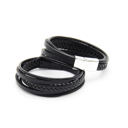 Bracelet Cuir Vachette Multicouche Tressé Homme – Fermoir Magnétique Vintage