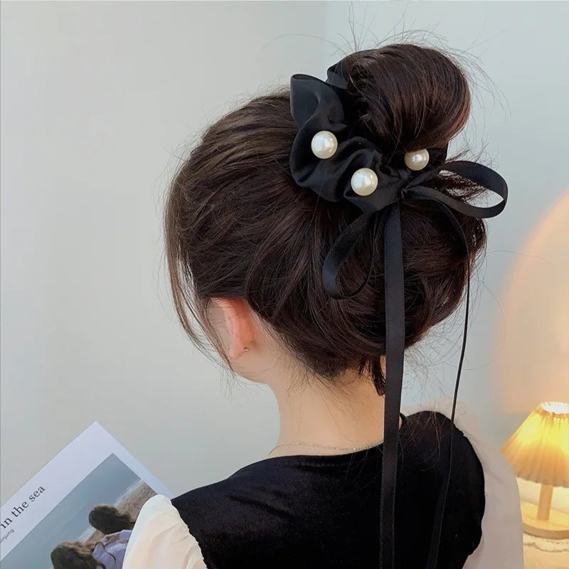 Chouchou Soie Coréen Perles Nœud - Élastique Cheveux Satin Noir Blanc Accessoire Femme Fille