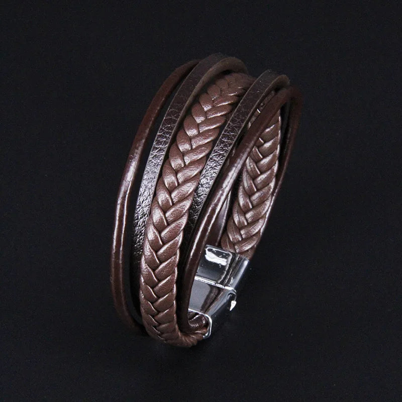 Bracelet Cuir Vachette Multicouche Tressé Homme – Fermoir Magnétique Vintage