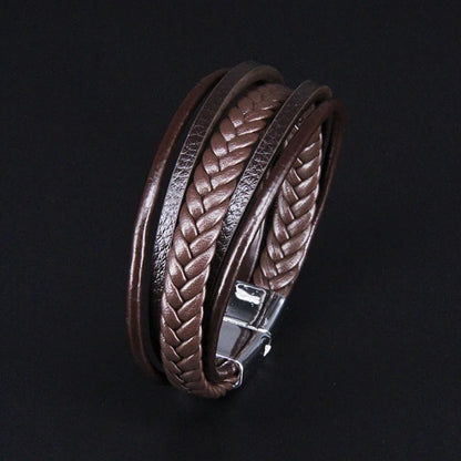 Bracelet Cuir Vachette Multicouche Tressé Homme – Fermoir Magnétique Vintage