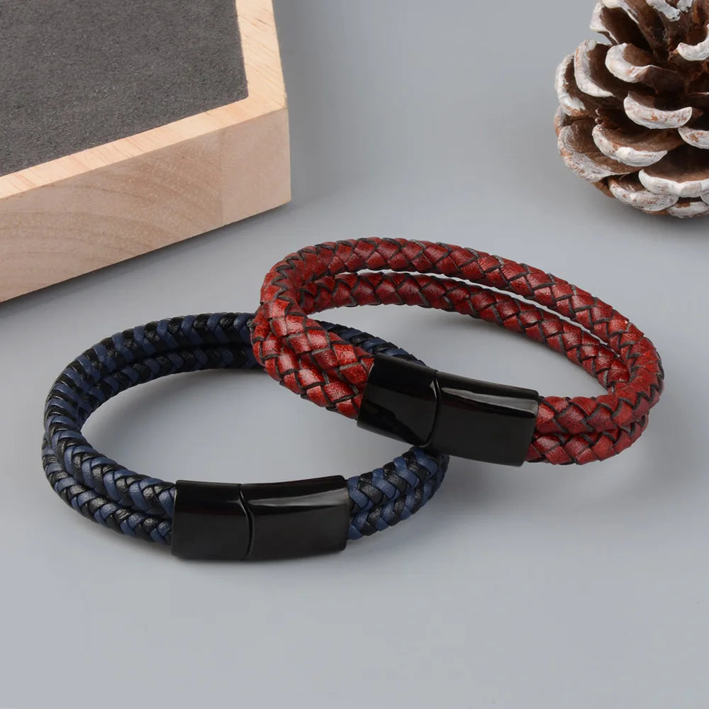 Bracelet Cuir Véritable Double Corde Tressée Homme – Fermoir Magnétique Acier