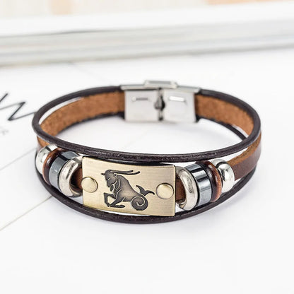 Bracelet Cuir Véritable Signes Zodiaque Acier Inoxydable - 12 Constellations Astrologie Homme Femme Verseau