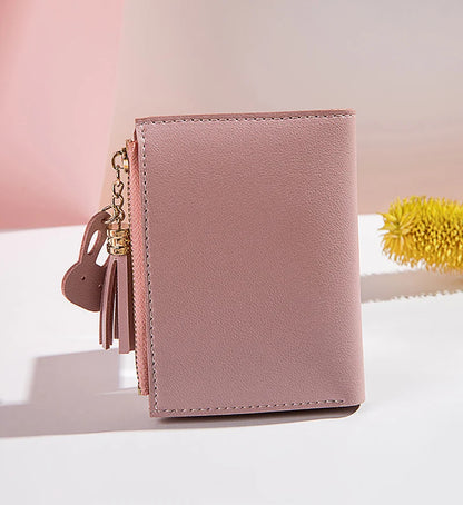 Portefeuille Femme Court avec Pompon - Porte-Monnaie PU Bicolore