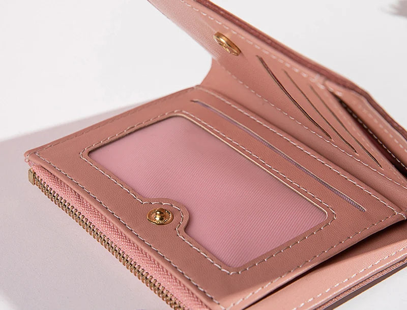 Portefeuille Femme Court avec Pompon - Porte-Monnaie PU Bicolore