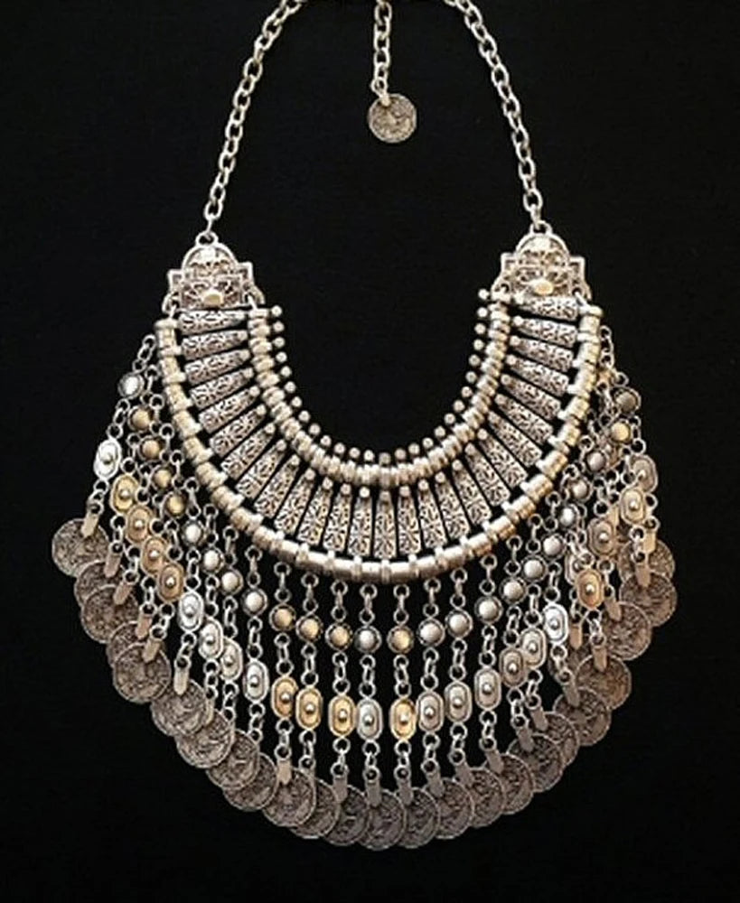 Parure Bijoux Afghan Bohème – Collier Choker Pièces Pompons Boucles