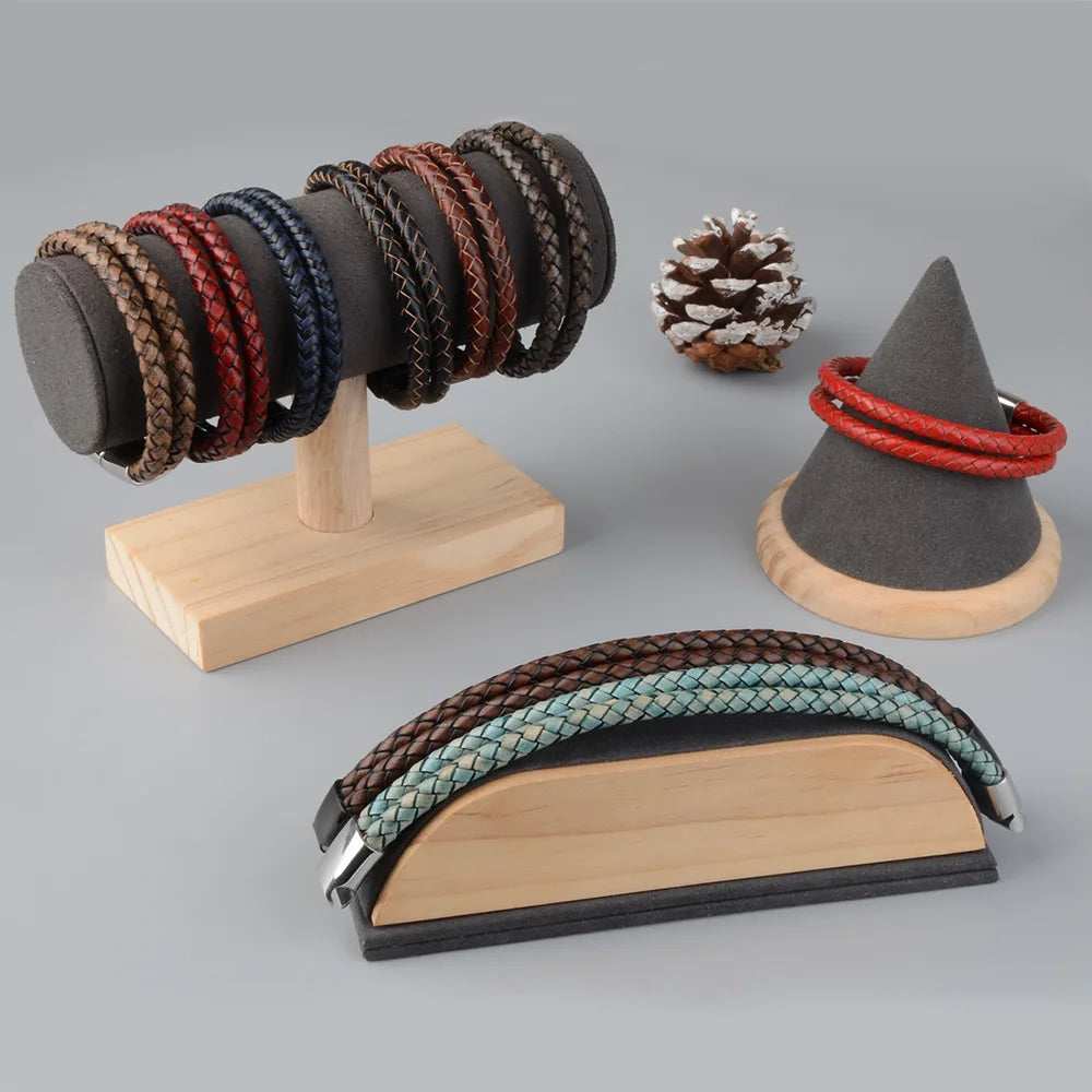 Bracelet Cuir Véritable Double Corde Tressée Homme – Fermoir Magnétique Acier
