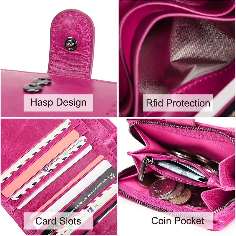 Portefeuille Femme Cuir Véritable Luxe Rose - Porte-Monnaie Compact Fermoir Hasp Porte-Carte Qualité