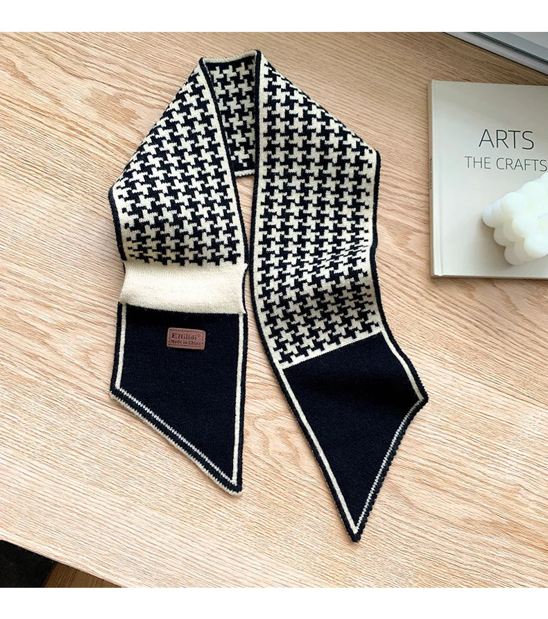 Foulard Écharpe Pied-de-Poule Luxe Femme - Tricot Long Mince Hiver Cou