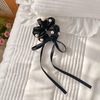 Chouchou Soie Coréen Perles Nœud - Élastique Cheveux Satin Noir Blanc Accessoire Femme Fille