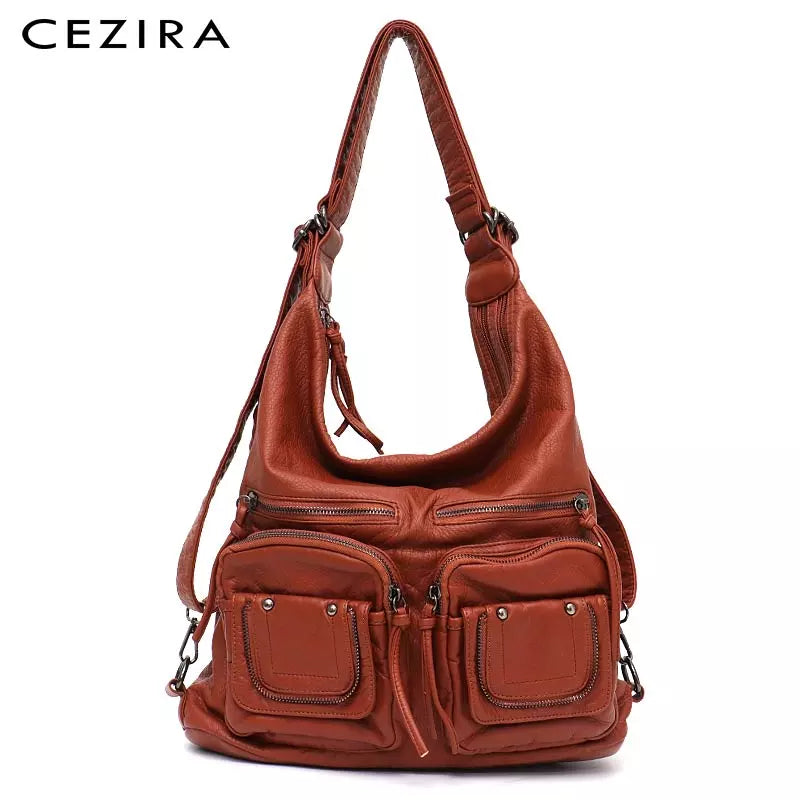 Sac à Dos Femme CEZIRA Cuir PU Grande Capacité - Sac École Multi-Poches Messenger Bandoulière