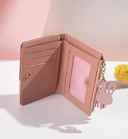 Portefeuille Femme Court avec Pompon - Porte-Monnaie PU Bicolore