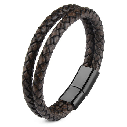 Bracelet Cuir Véritable Double Corde Tressée Homme – Fermoir Magnétique Acier
