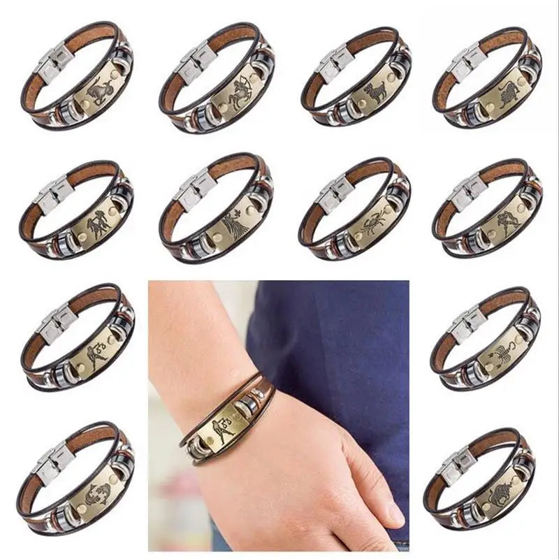 Bracelet Cuir Véritable Signes Zodiaque Acier Inoxydable - 12 Constellations Astrologie Homme Femme Verseau
