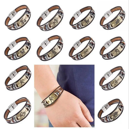 Bracelet Cuir Véritable Signes Zodiaque Acier Inoxydable - 12 Constellations Astrologie Homme Femme Verseau