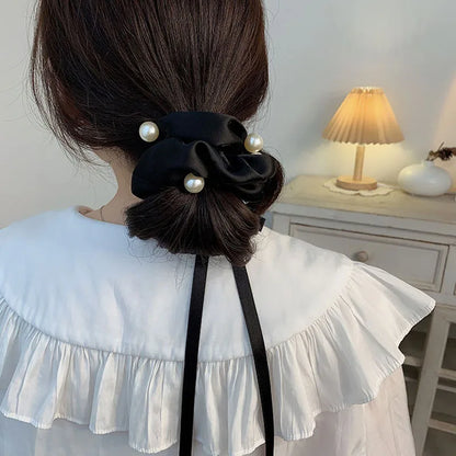 Chouchou Soie Coréen Perles Nœud - Élastique Cheveux Satin Noir Blanc Accessoire Femme Fille