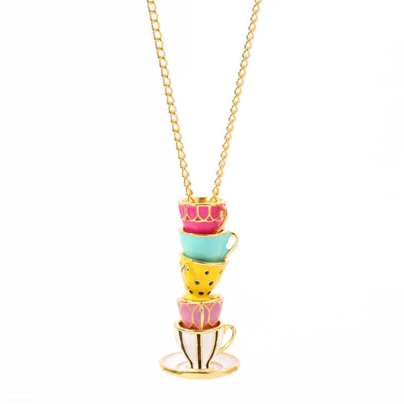 Collier Pendentif Tasse Thé Émail Fait Main - Chaîne Longue Pull Bohème