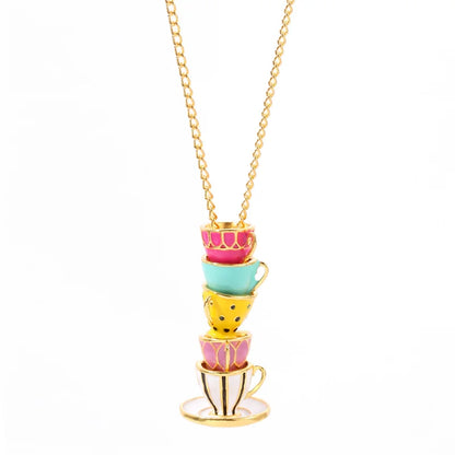 Collier Pendentif Tasse Thé Émail Fait Main - Chaîne Longue Pull Bohème