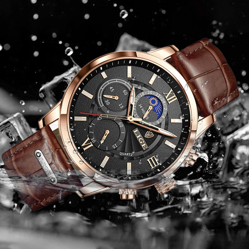 Montre Homme LIGE Luxe Cuir Quartz Étanche - Sport Casual Chronographe Relogio Masculino