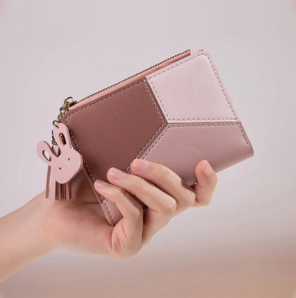 Portefeuille Femme Court avec Pompon - Porte-Monnaie PU Bicolore