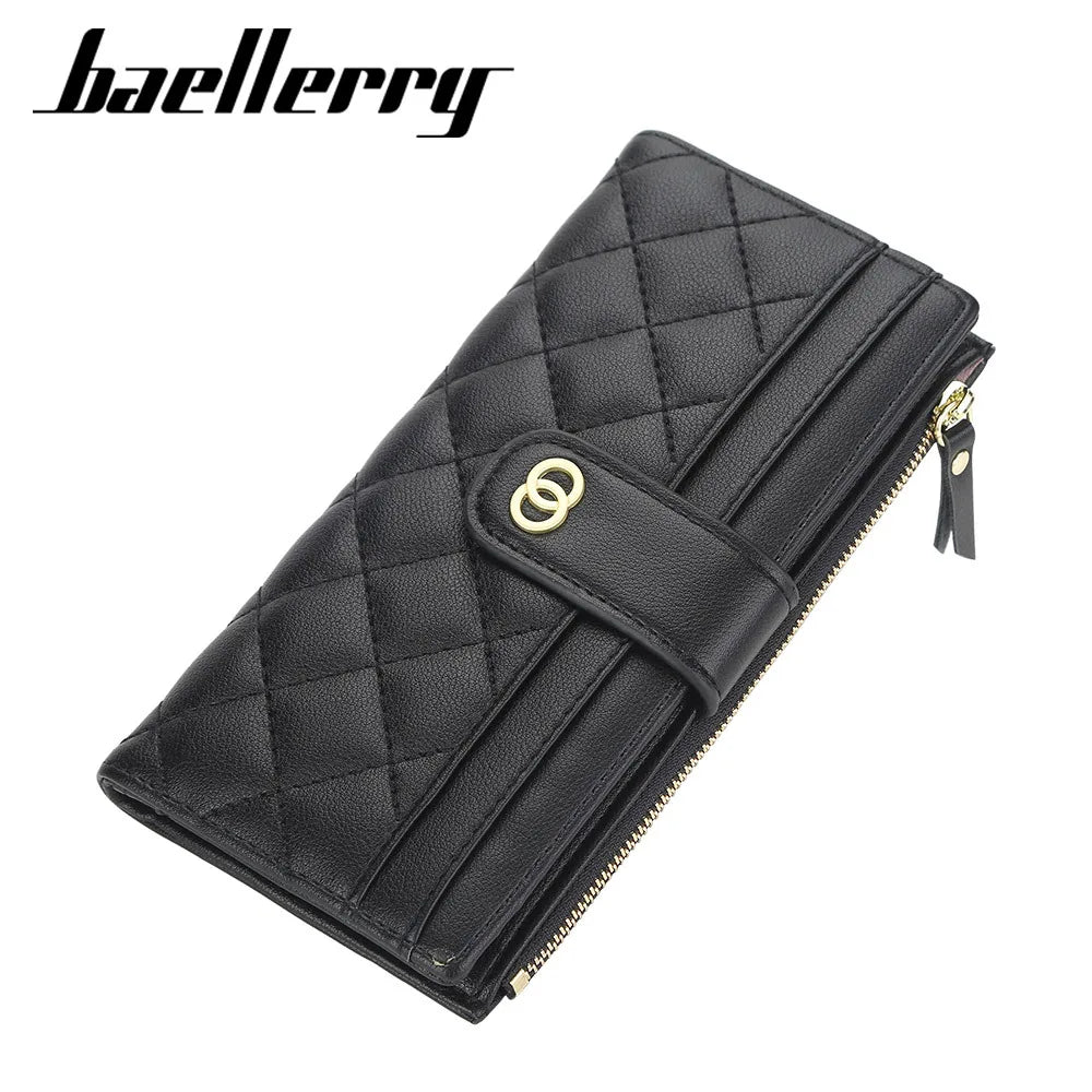 Portefeuille Femme Cuir PU Long Motif Carreaux - Wallet Zipper Porte-Cartes Bleu