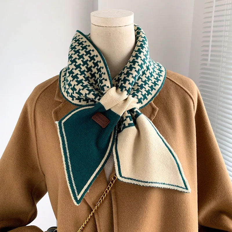 Foulard Écharpe Pied-de-Poule Luxe Femme - Tricot Long Mince Hiver Cou