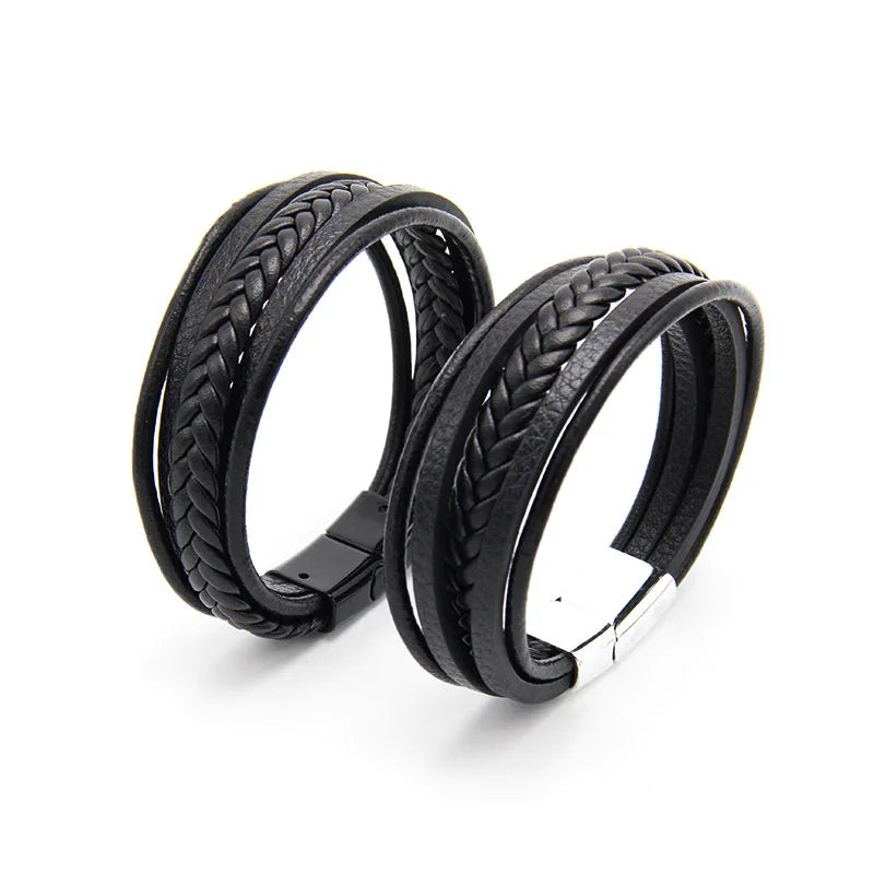 Bracelet Cuir Vachette Multicouche Tressé Homme – Fermoir Magnétique Vintage