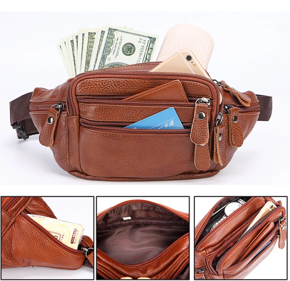 Sac Banane Homme Cuir Véritable Marron - Pochette Ceinture Téléphone Messenger Voyage
