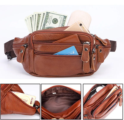 Sac Banane Homme Cuir Véritable Marron - Pochette Ceinture Téléphone Messenger Voyage
