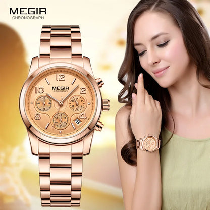 Montre MEGIR Femme Chronographe - Quartz Or Rose Luxe Bracelet Acier