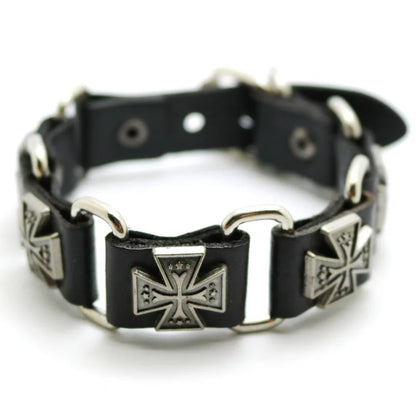 Bracelet Cuir Rétro Punk Croix - Chaîne Argent Tibétain Unisexe
