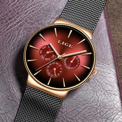 Montre LIGE Homme Quartz - Bracelet Maille Acier Or Rose Vert Ultra-Fine